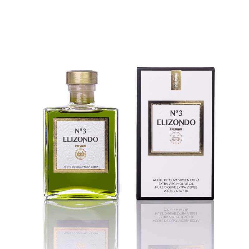 bouteille de 200 ml huile d'olive vierge extra n3 premium de chez Elizondo et sa boite